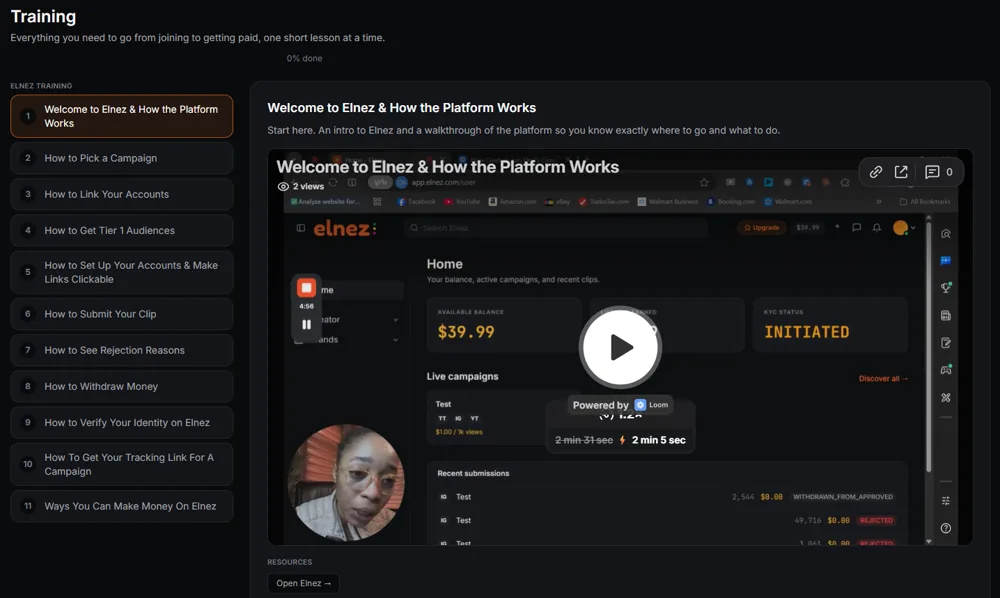 Elnez training lessons dashboard
